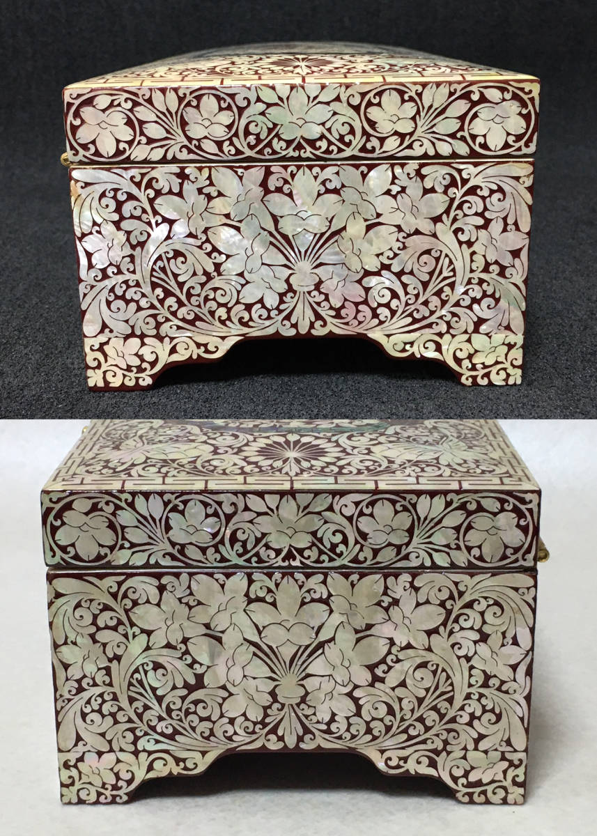 螺鈿 宝石箱 韓国 【B289】螺鈿　漆器　工芸品　ジュエリーボックス　アクセサリー　小物入れ　箸ケース　鶴亀　吉祥文　