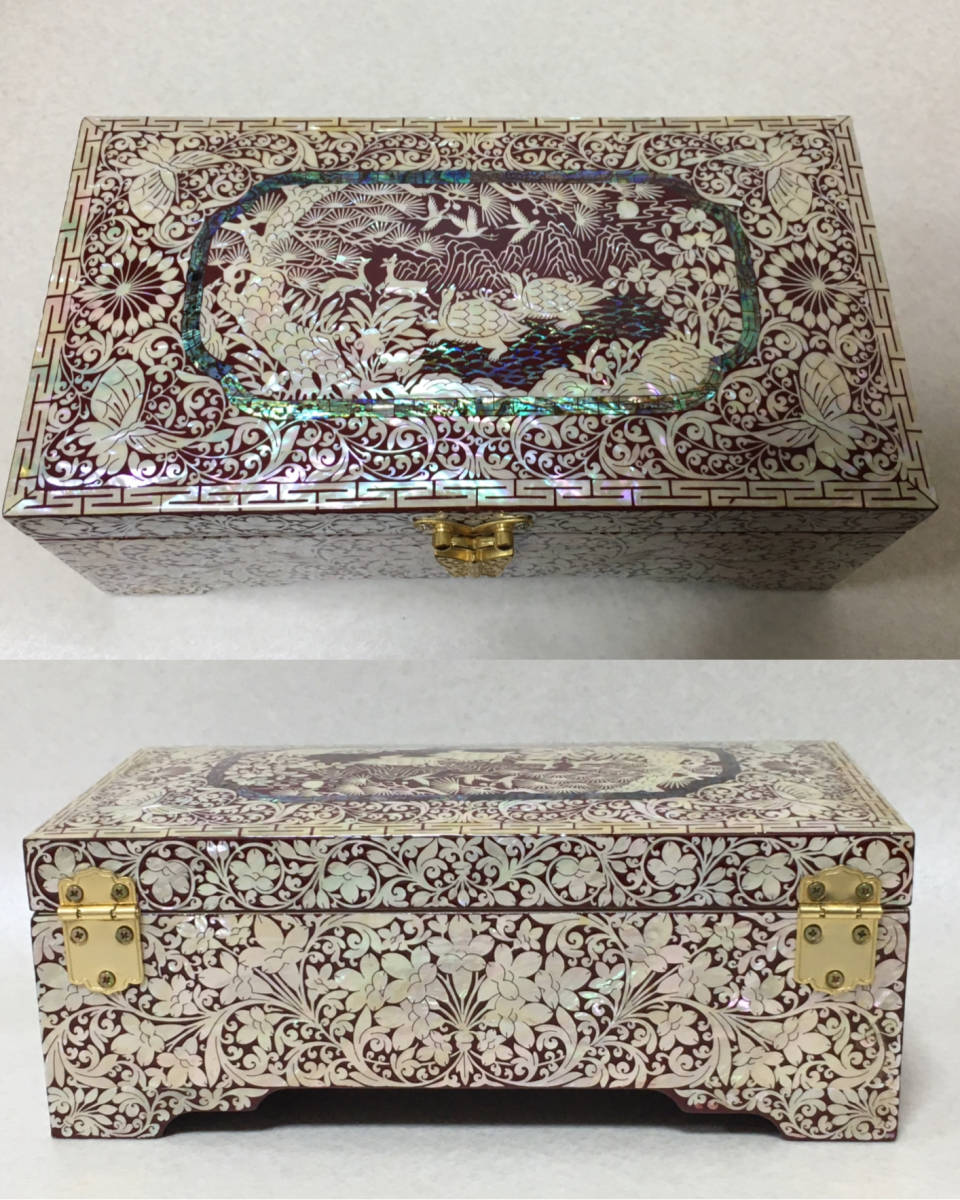 螺鈿 宝石箱 韓国 【B289】螺鈿　漆器　工芸品　ジュエリーボックス　アクセサリー　小物入れ　箸ケース　鶴亀　吉祥文　