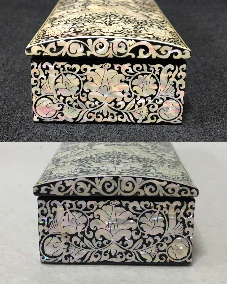 螺鈿 宝石箱 韓国 【B289】螺鈿　漆器　工芸品　ジュエリーボックス　アクセサリー　小物入れ　箸ケース　鶴亀　吉祥文　