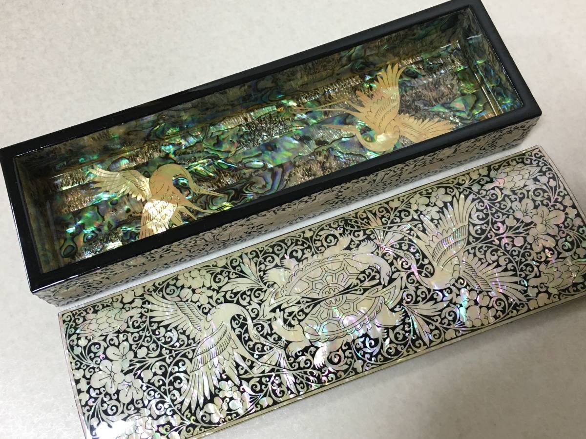 螺鈿 宝石箱 韓国 【B289】螺鈿　漆器　工芸品　ジュエリーボックス　アクセサリー　小物入れ　箸ケース　鶴亀　吉祥文　