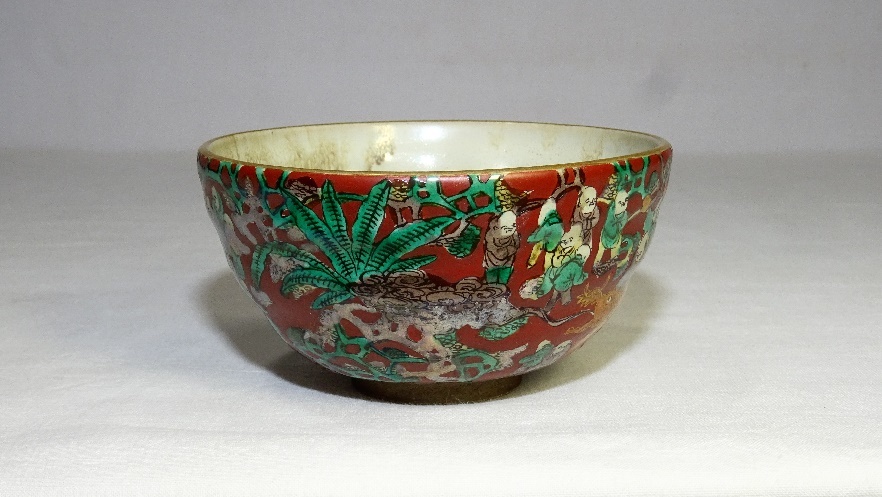 美術品・アンティーク・コレクション 色絵 古九谷写 花草紋様 茶碗