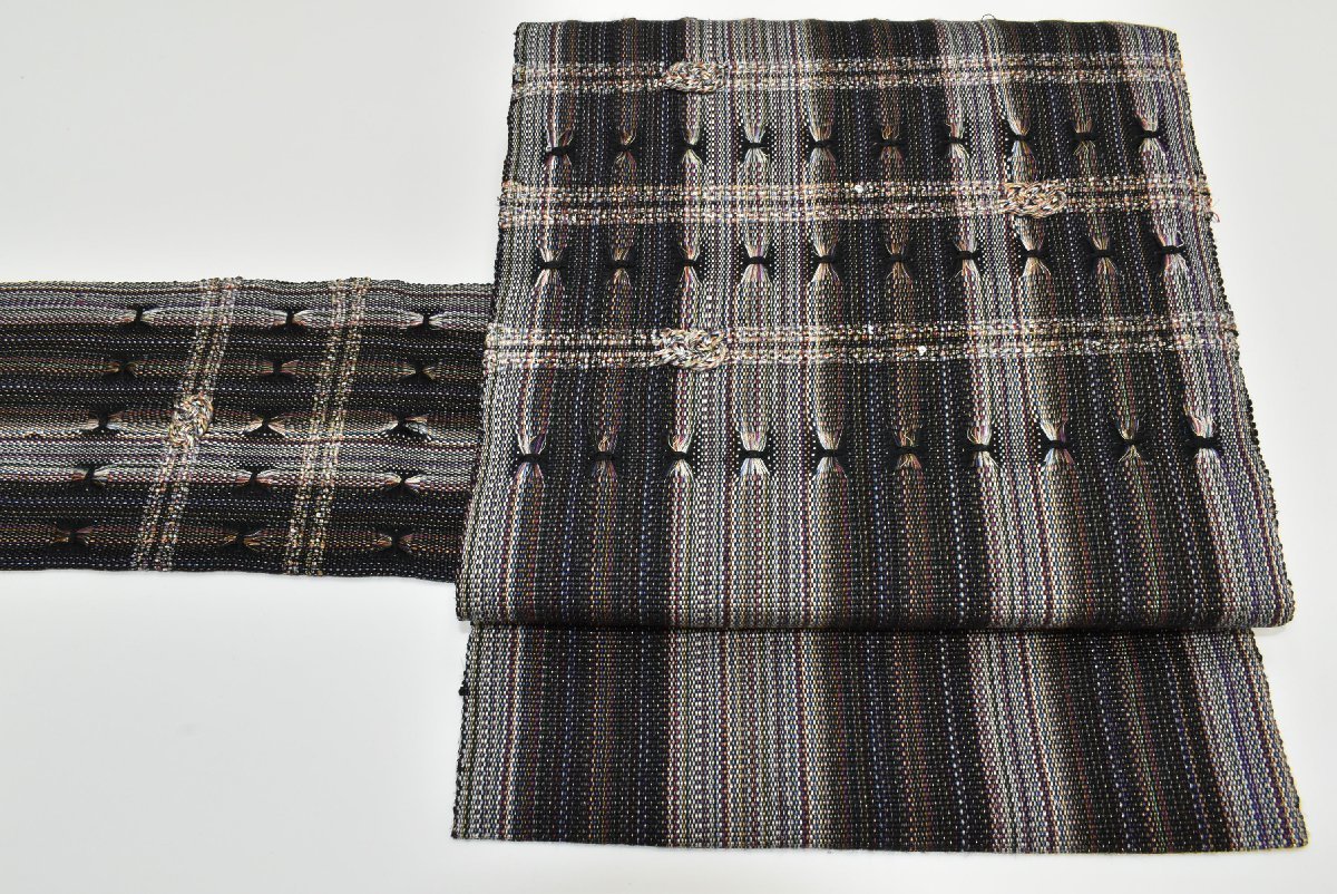 【ちどりや】1円開始 美品 正絹紬 八寸名古屋帯 普段使いに♪ 組み紐織 多彩な縞格子 黒白×多色 Y34