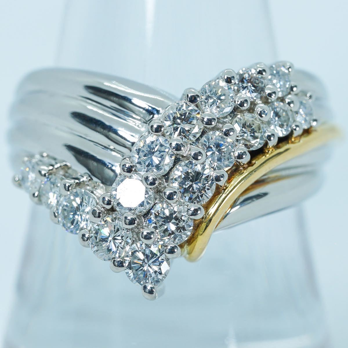 ★1円スタ！ダイヤ 綺麗【1.08ct】PT900 K18YG 11.3g ♯15.5 プラチナ イエローゴールド ダイヤモンドリング Diamond Ring 指輪 仕上