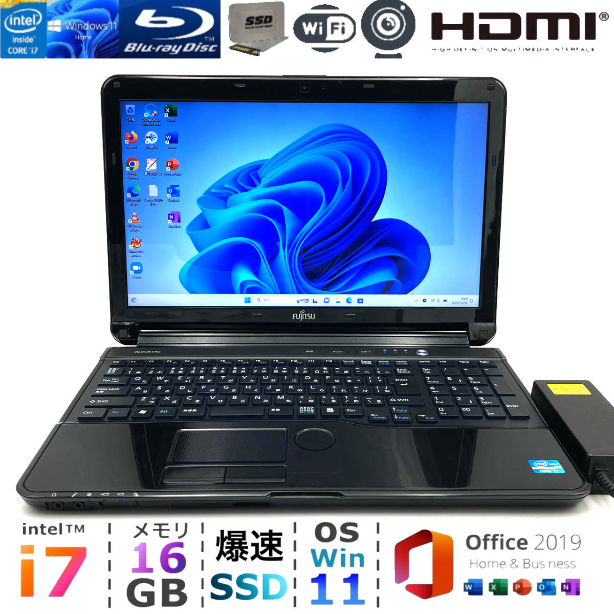 Windows11★高速i7【新品メモリ16GB/爆速新品SSD/Core i7-3.30GHz】人気富士通ノートパソコン/Office2019H&B/Blu-ray/HDWebカメラ/筆ぐるめ