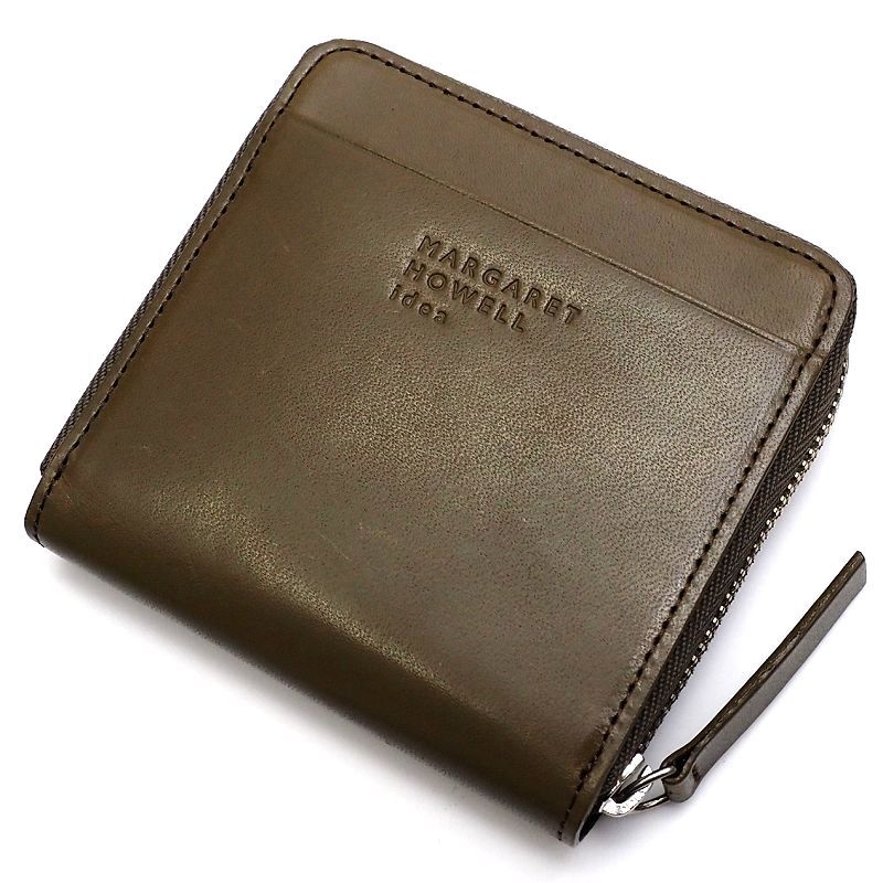 K04520W 未使用品 MARGARET HOWELL idea/コンパクト ラウンド レザーウォレット 財布 カーキ 日本製 マーガレットハウエル レディース
