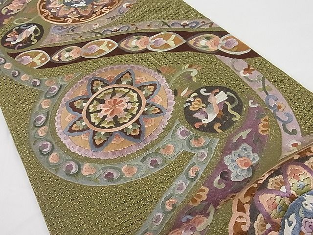 平和屋1□袋帯 総刺繍 スワトウ刺繍 正倉院花鳥文 金糸 逸品