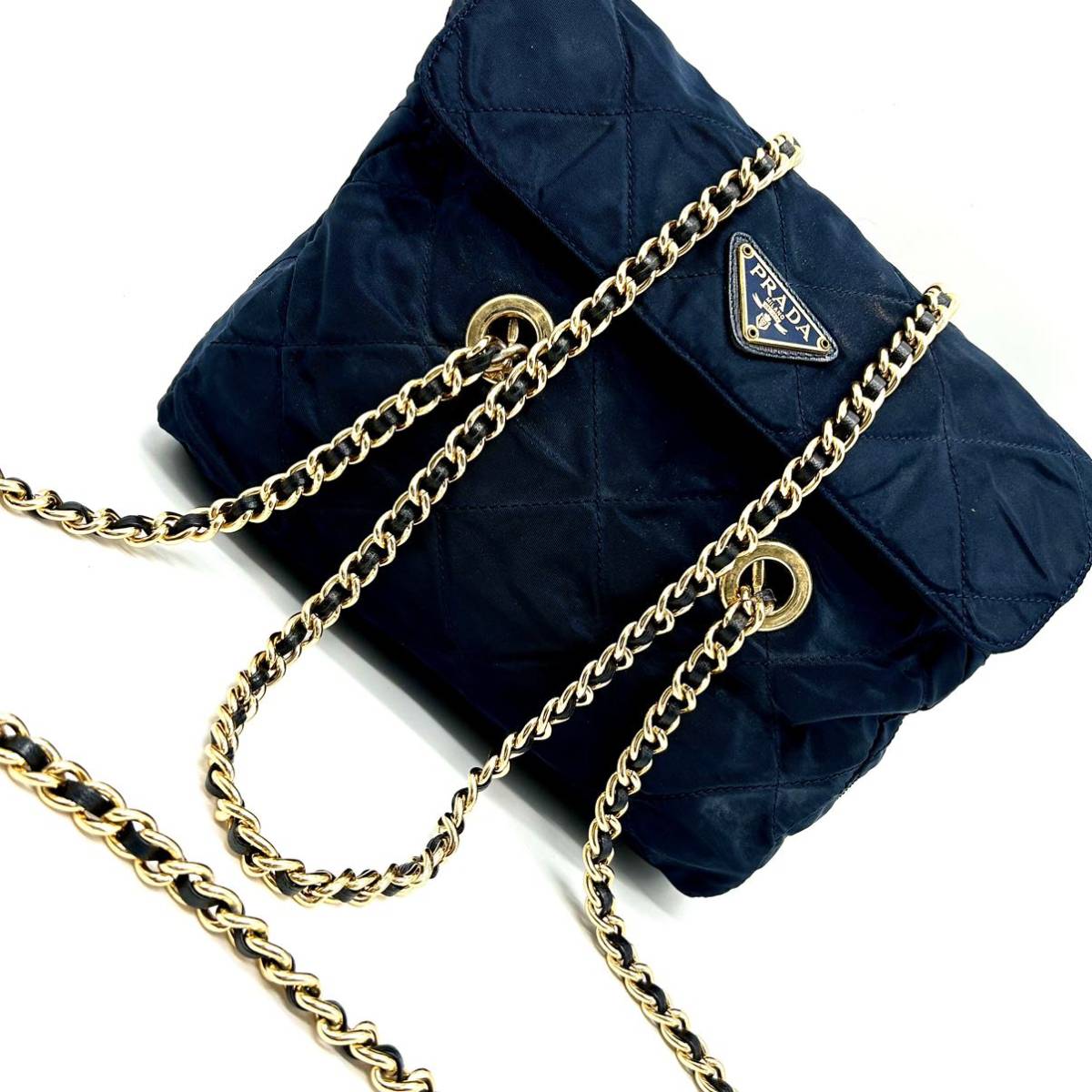 １円～　美品　PRADA プラダ ショルダーバッグ チェーン キルティング ナイロン ヴィンテージ ネイビー　紺　白タグ　K90