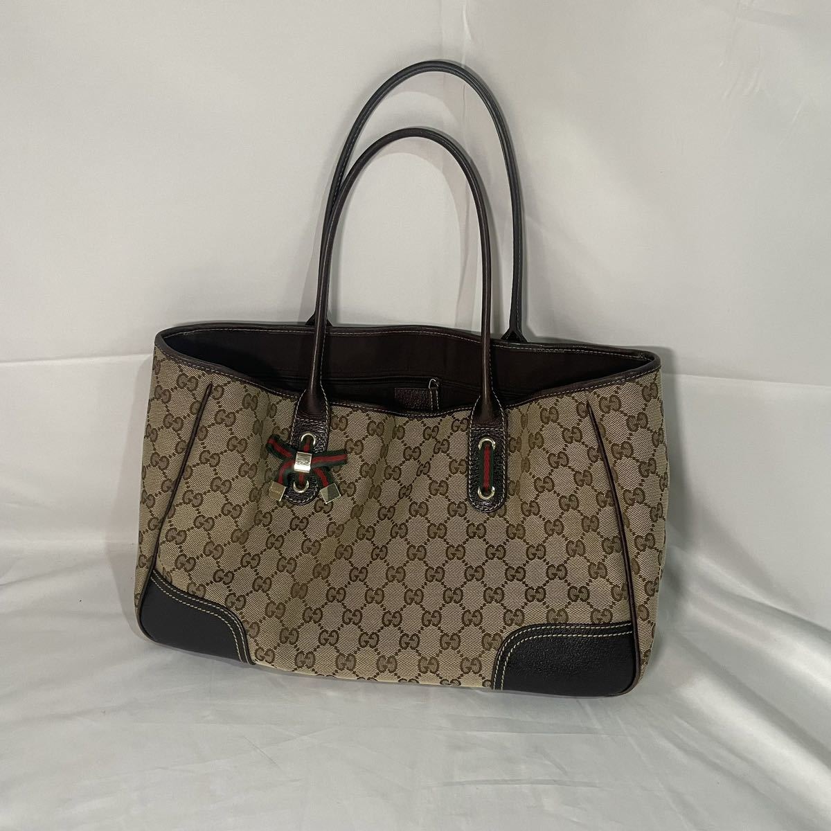 GUCCI トートバッグ レザー ブラウン キャンバス ハンドバッグ 