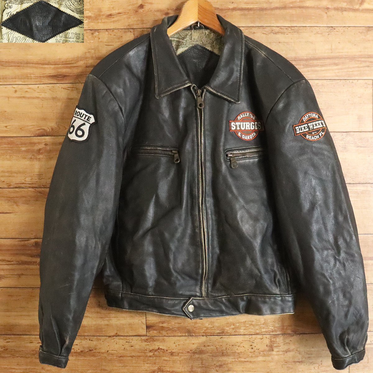 G10K/Y8.29-3　TRAPPER　ライダースジャケット　レザージャケット　本革　革ジャン　皮ジャン　ワッペン　ユーロ古着　メンズ　48