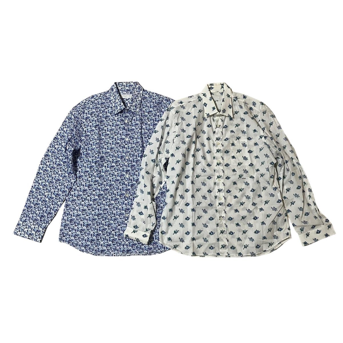 PRADA プラダ シャツ 長袖 2点セット 総柄 花柄 ブルー系 白系 メンズ 42