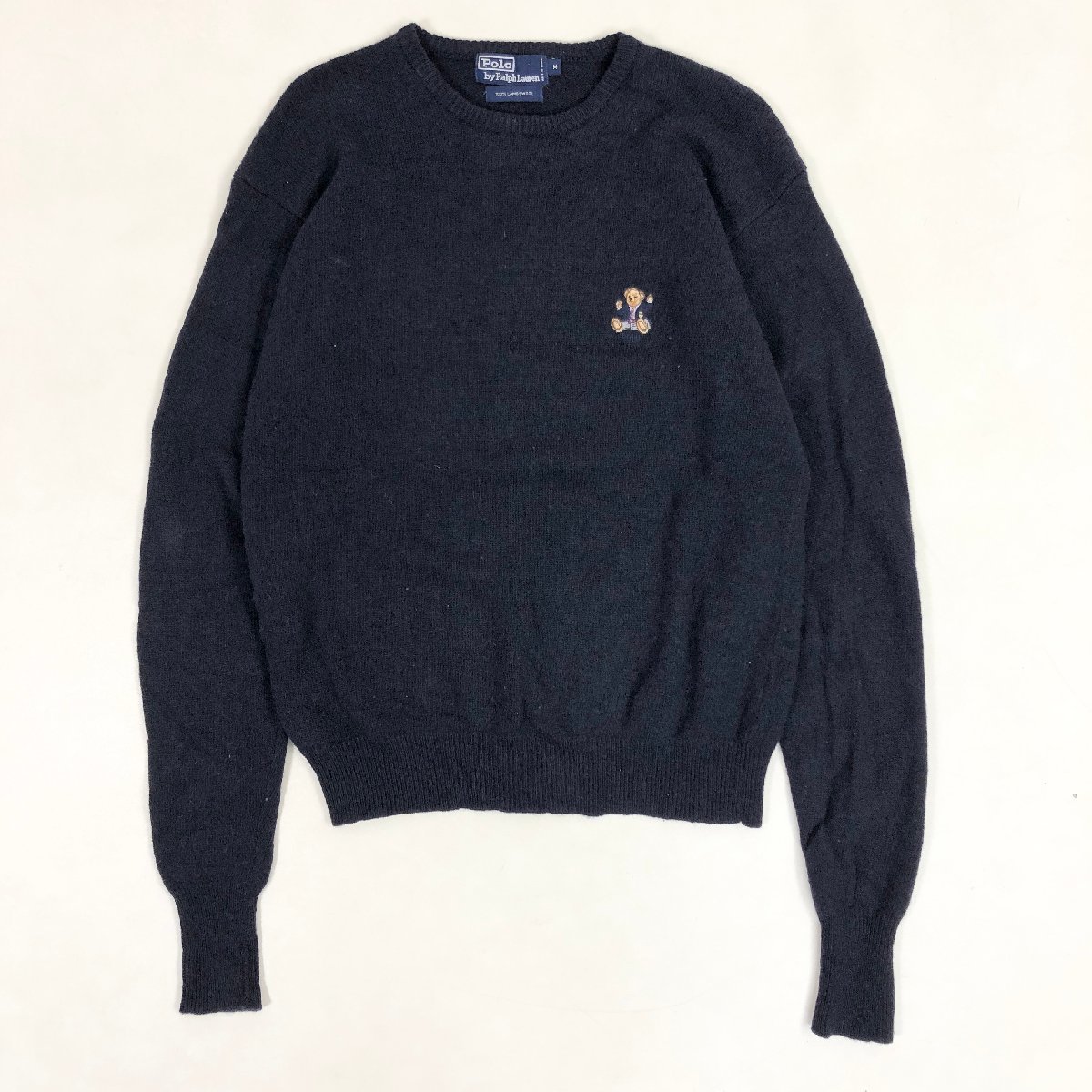 ▲【古着】Polo by Ralph Lauren ポロラルフローレン テディベア ワンポイント 刺繍 長袖 ニット トップス M ネイビー 紺 メンズ 0.32㎏