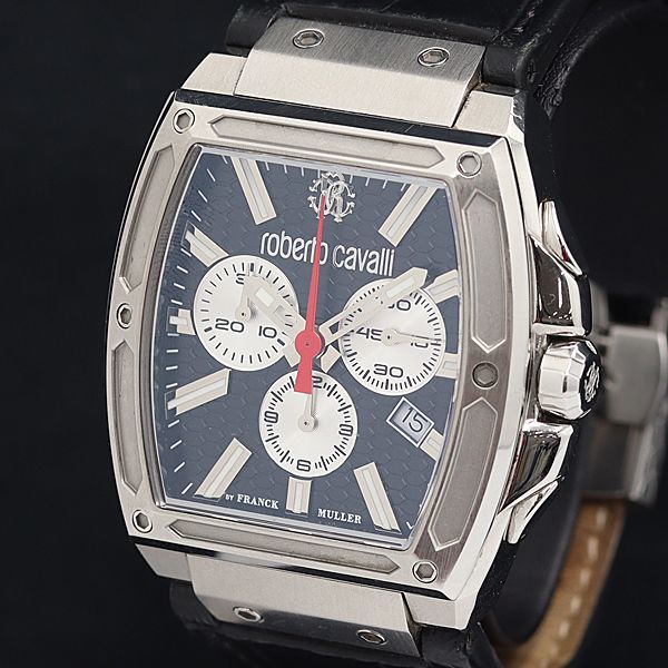 1円 稼動 良品 箱/保付 TLT ロベルトカヴァリ QZ フランクミュラー 1G157 スモセコ デイト ブラック文字盤 メンズ腕時計 YUM 8218100