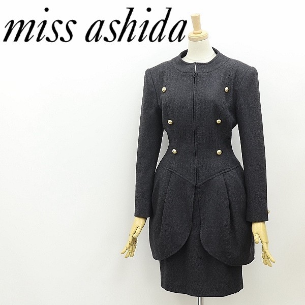 ◆miss ashida ミスアシダ タック ウール 金釦 ロング デザイン ジャケット＆スカート スーツ セットアップ チャコールグレー 7