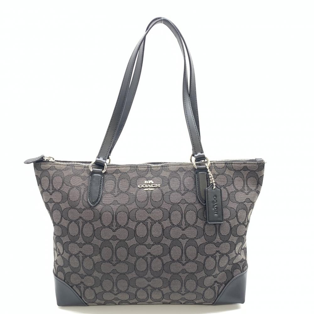 COACH コーチ F29958 トートバッグ シグネチャー キャンバス レザー ブラック シルバー ファスナー開閉 レディース 管理HS35542