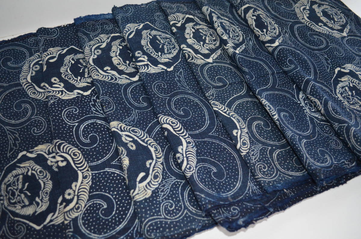 古布　藍染型染　獅子　まとめて7巾セット　明治期前後　アンティーク品　古裂