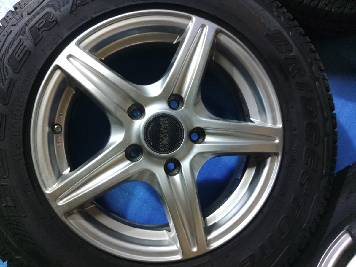 パジェロミニで使用　ホイールURBAN SPORTS タイヤ　ブリジストンデューラーBS DUELER AT175/80R15 バリ山4本セット　オマケバリ山スペア