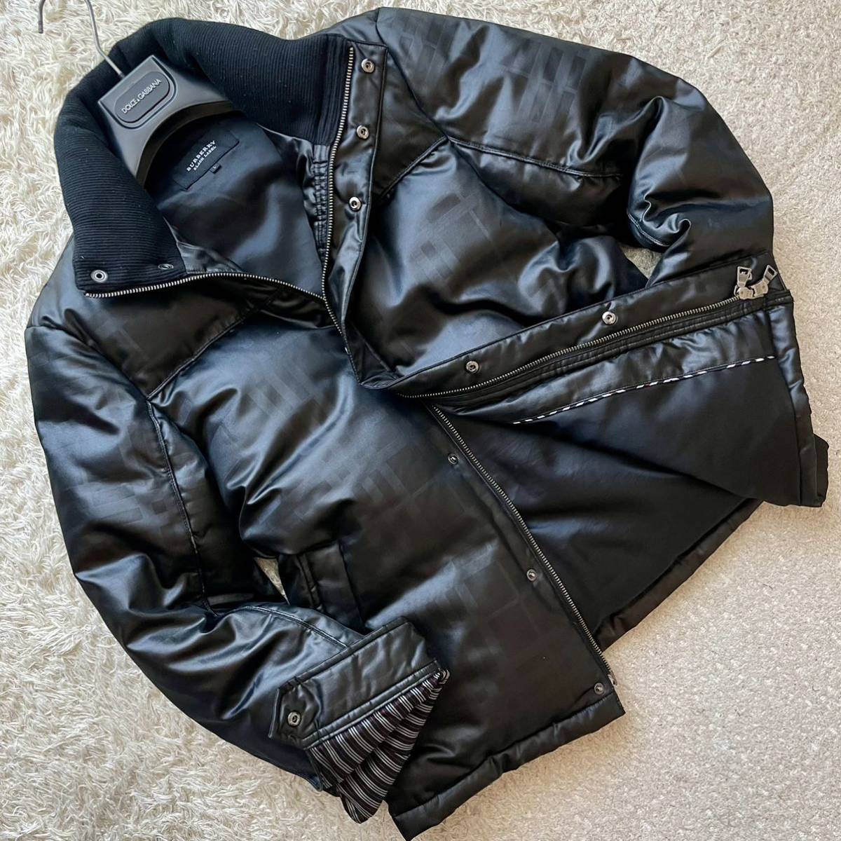 希少サイズL バーバリーブラックレーベル BURBERRY ダウンジャケット シャドーメガチェック ノバチェック ホワイトグースダウン 黒 レザー