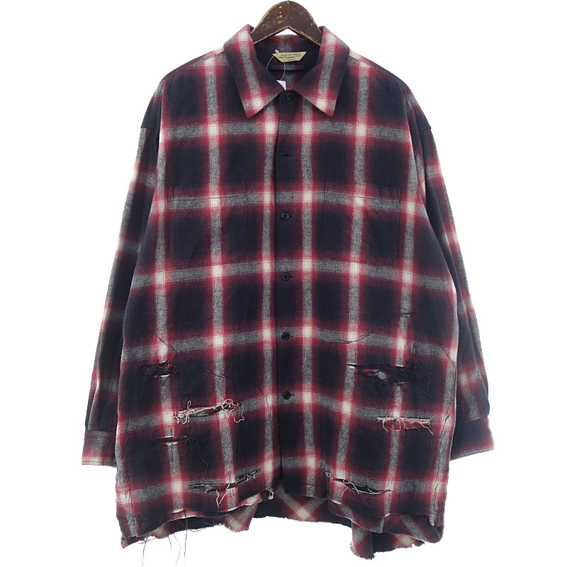 VARDE77 　傷だらけ ネル チェック 長袖 シャツ レッド メンズF