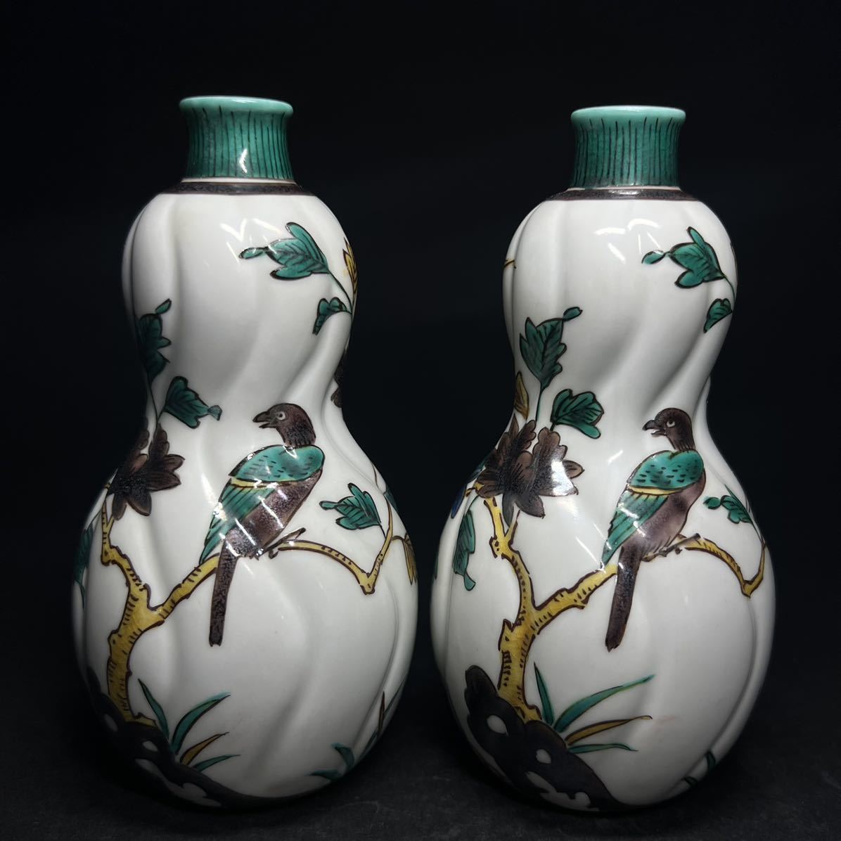 徳利　一対　九谷焼　初代　徳田八十吉　古九谷　捻瓢形　色絵　花鳥文　酒器　共箱_2