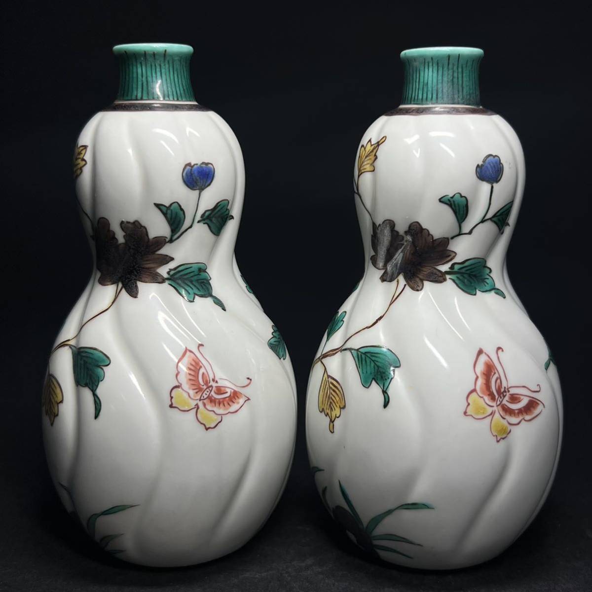 徳利　一対　九谷焼　初代　徳田八十吉　古九谷　捻瓢形　色絵　花鳥文　酒器　共箱_3