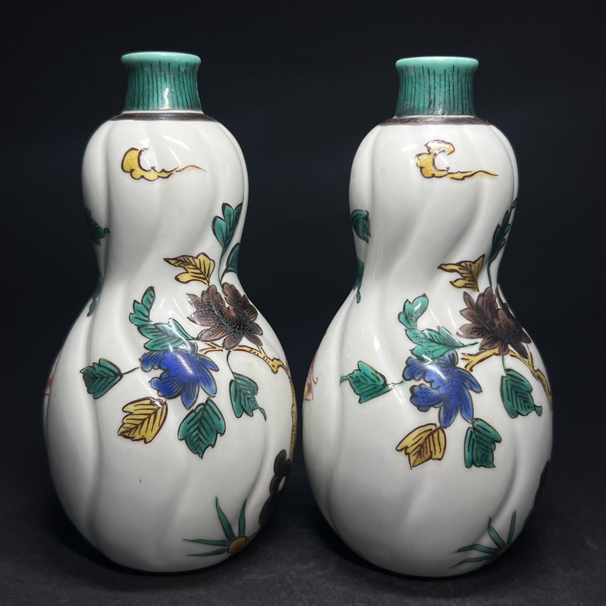 徳利　一対　九谷焼　初代　徳田八十吉　古九谷　捻瓢形　色絵　花鳥文　酒器　共箱_4