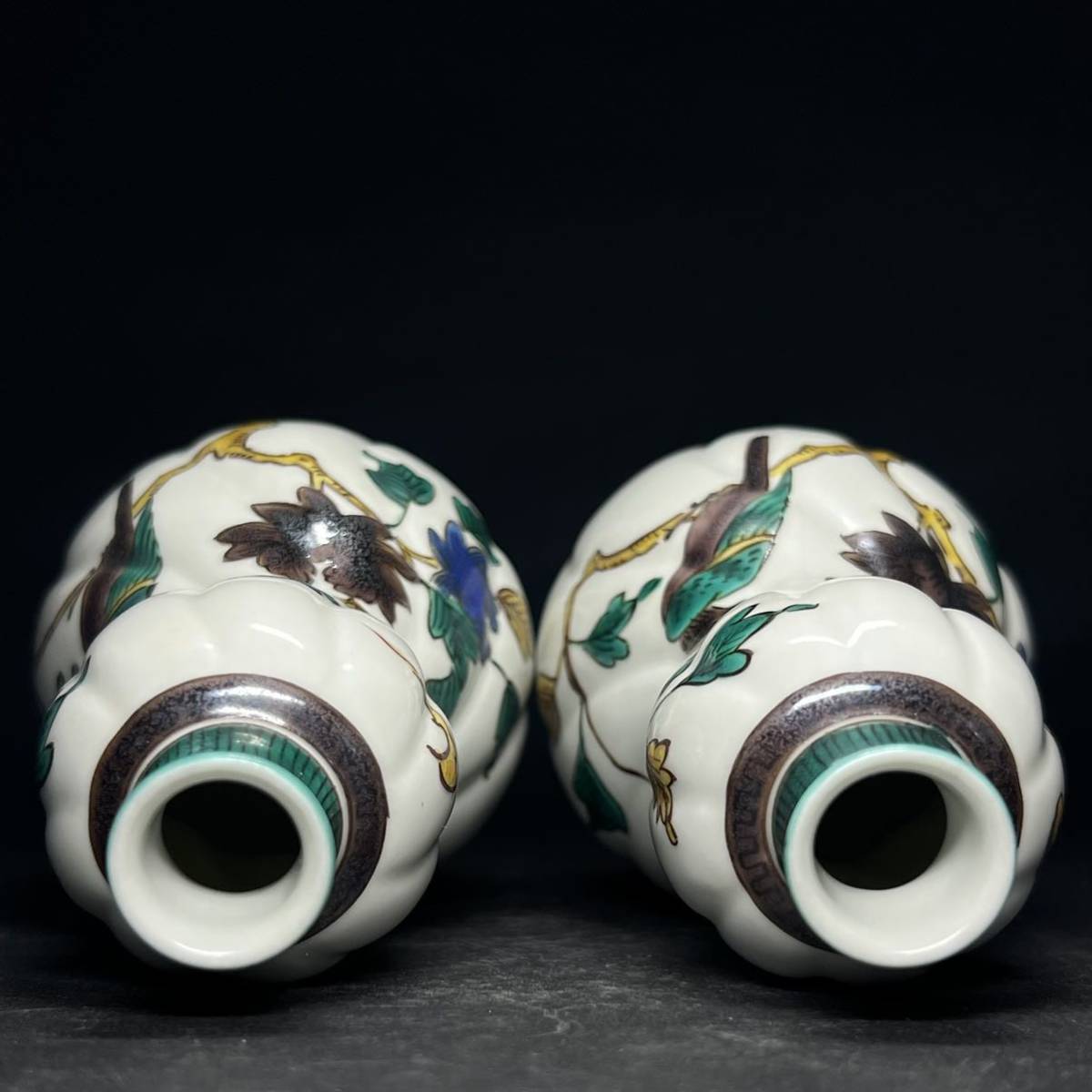 徳利　一対　九谷焼　初代　徳田八十吉　古九谷　捻瓢形　色絵　花鳥文　酒器　共箱_6