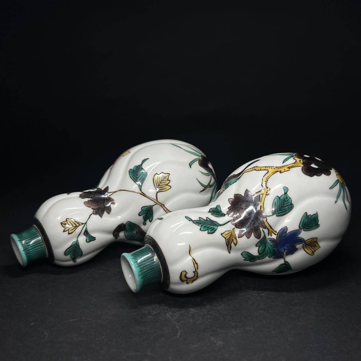 徳利　一対　九谷焼　初代　徳田八十吉　古九谷　捻瓢形　色絵　花鳥文　酒器　共箱_7