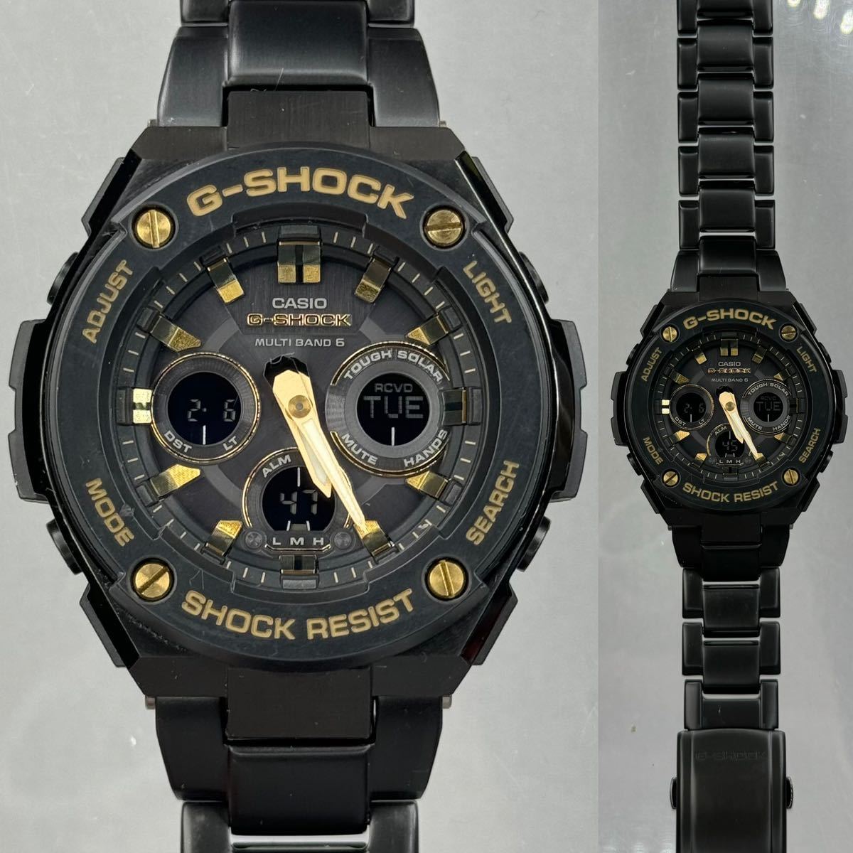 極美品 G-SHOCK GST-W300BD-1AJF Gスチール G-STEEL タフソーラー 電波受信 電波ソーラー マルチバンド6 ブラック ゴールド メタルバンド_3