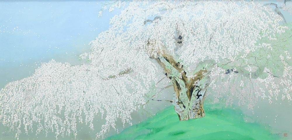 真作】【WISH】中島千波「晴日 本久寺の枝垂桜」リトグラフ 25号大