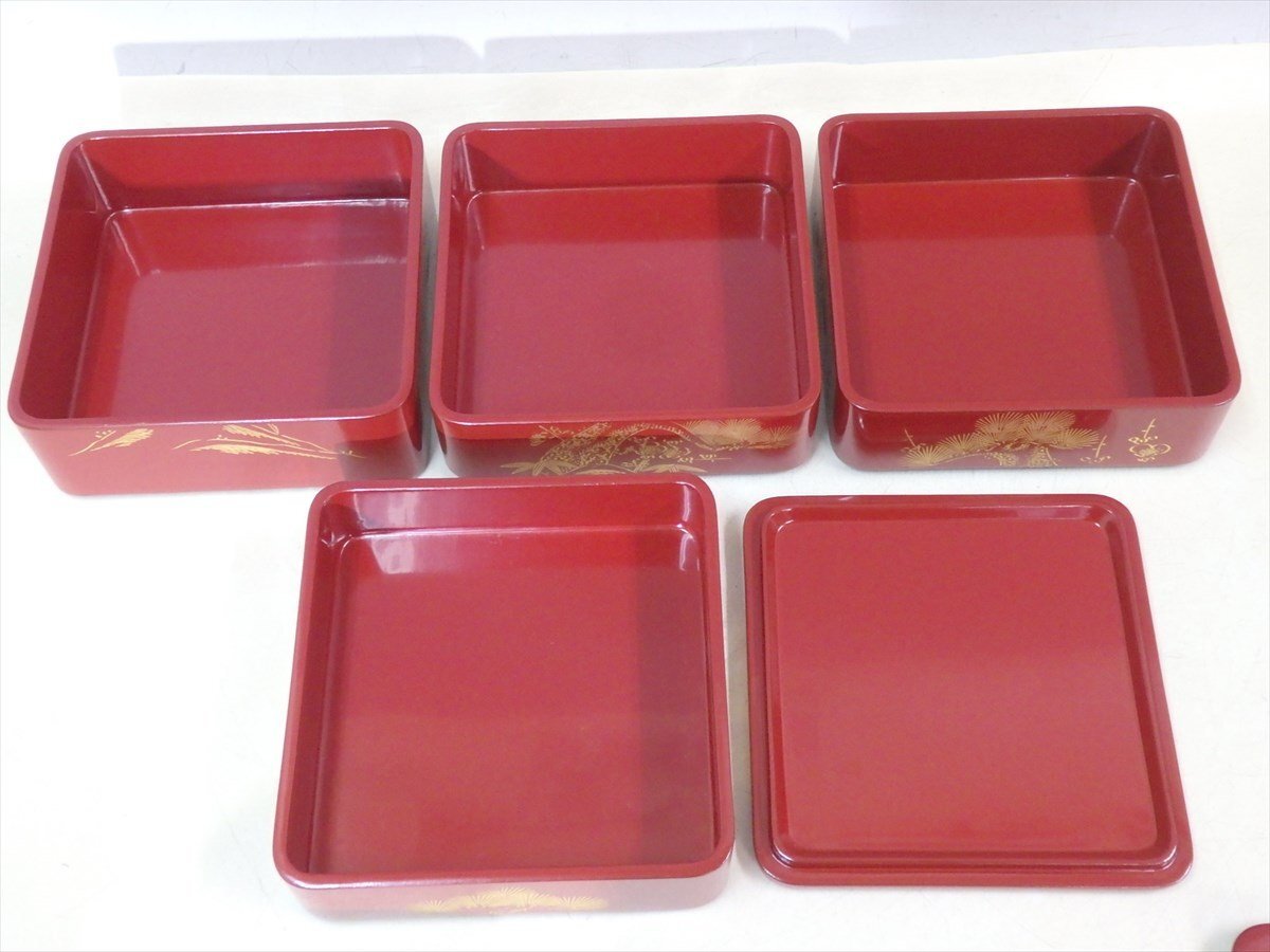 ☆松竹梅沈金【輪島塗 朱塗り屠蘇器 木箱入り】木製漆器 四段重/銚子 