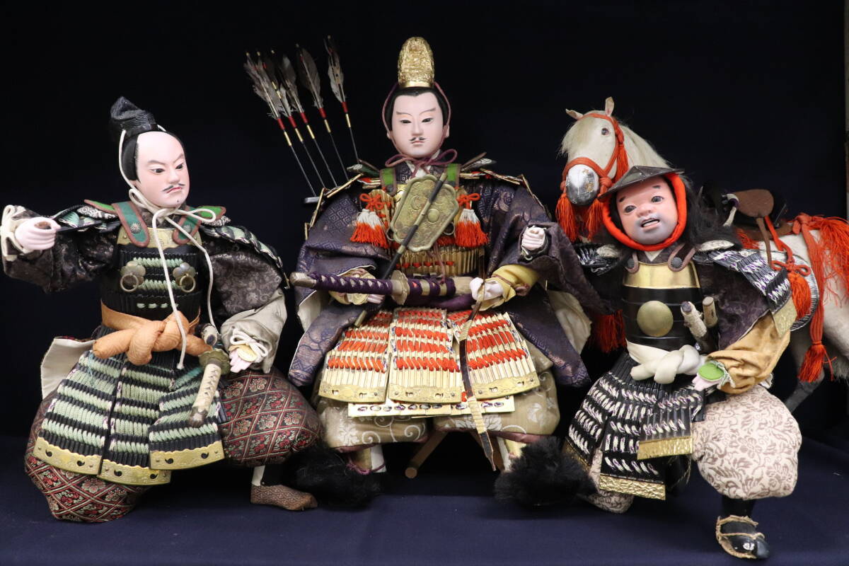 AKa6079　大木平蔵　武者人形 N13】時代 日本人形 大木平蔵 作 武者人形 将軍 旗持 槍持 飾り馬 合計