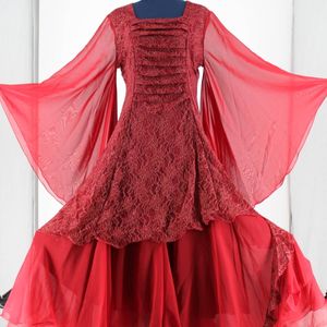 『送料無料』【美品 社交ダンス衣装】レッド un×Ⅱ ワンピース ドレス レース フリル 赤