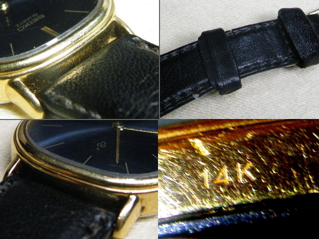 o品名o SEIKO セイコー 14K 刻印 クォーツ腕時計 7820-5470 文字盤 紺