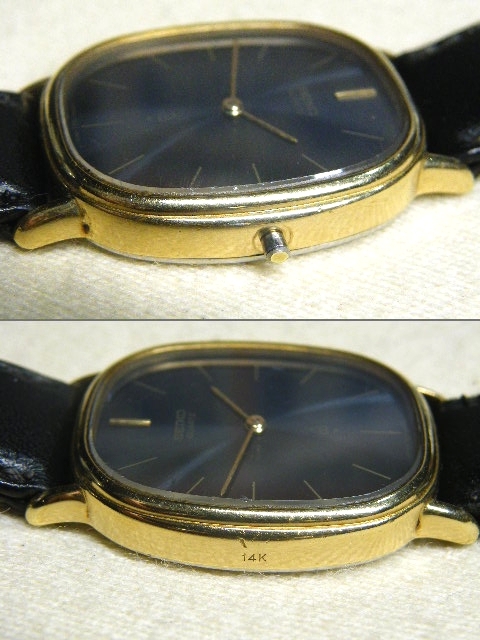 o品名o SEIKO セイコー 14K 刻印 クォーツ腕時計 7820-5470 文字盤 紺