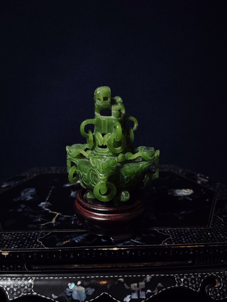 中国美術 碧玉香炉 天然石 細密細工 香道具 唐木台付(東洋彫刻)｜売買
