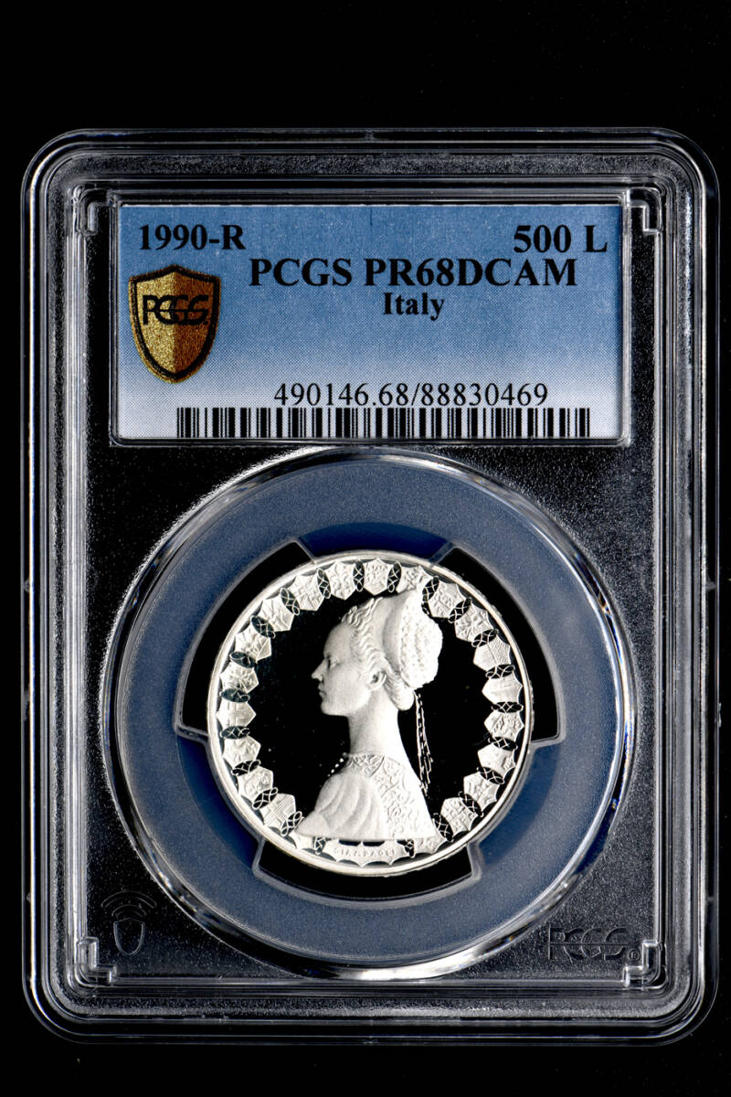 ☆日終 【PCGS PR68DCAM】1990-R イタリア 500L銀貨 完全未使用