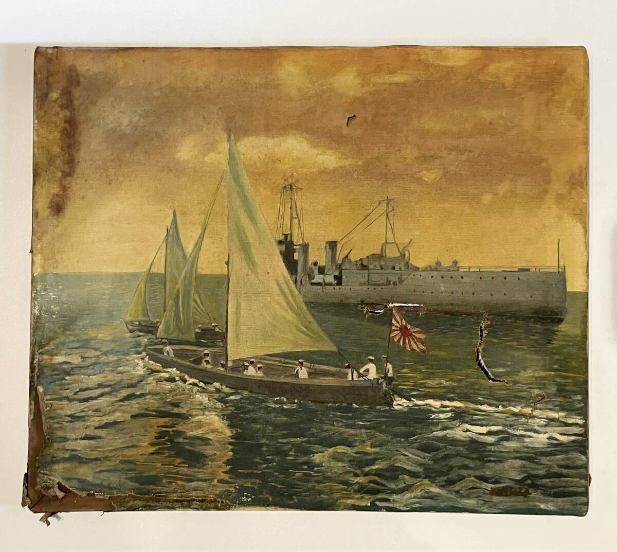古い油彩画 軍艦 戦争 旧日本軍 日章旗 肉筆 絵画 キャンバス F8号