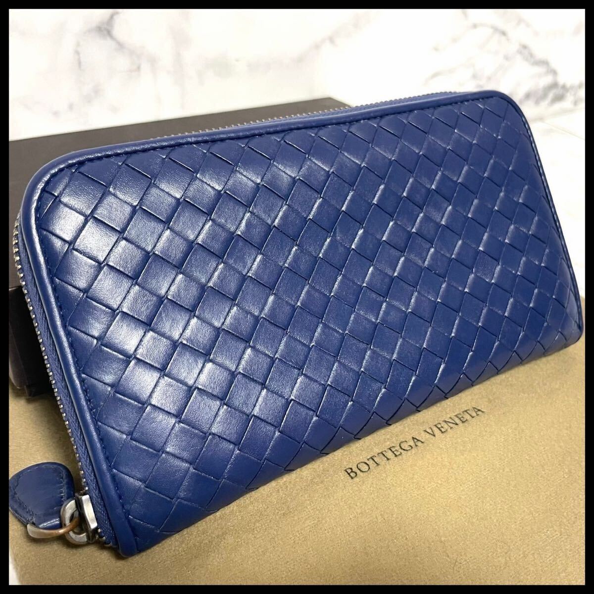 希少✨Bottega Veneta イントレチャート 長財布 ブルー ☆【極美品！鑑定済み！】BOTTEGA VENETA ボッテガヴェネタ イントレ