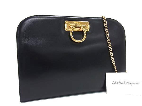 1円 ■美品■ Salvatore Ferragamo フェラガモ P21 0587 ガンチーニ レザー チェーン クロスボディ ショルダーバッグ ブラック系 EA3081