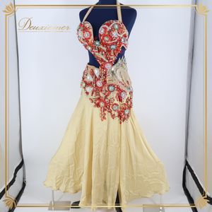 『送料無料』【ベリーダンス用 オリエンタル衣装】ベージュ レッド ラインストーン ビー