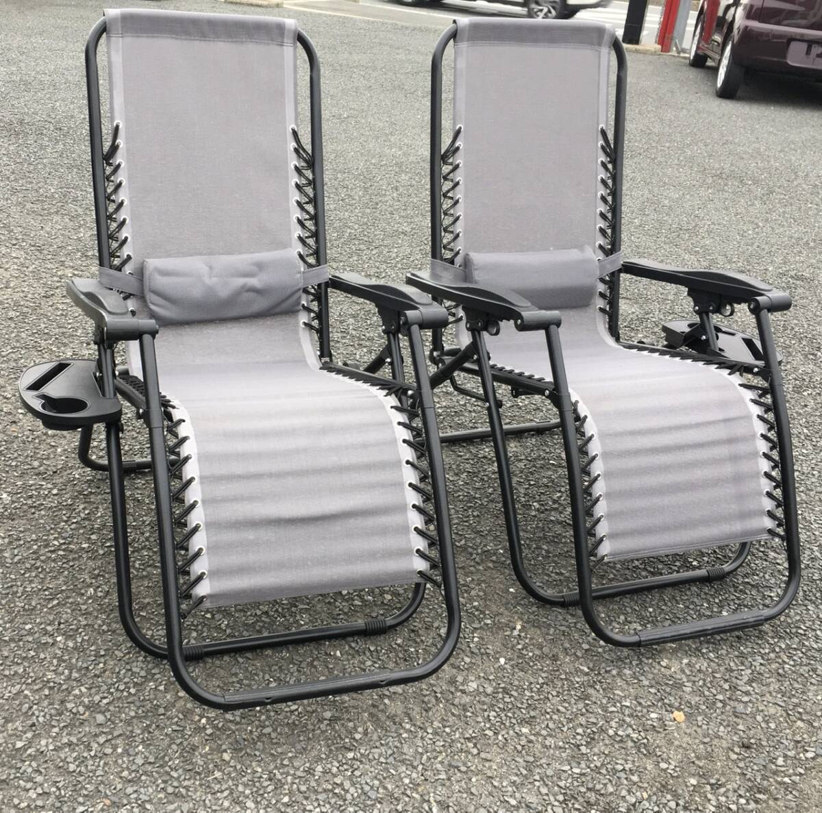 折りたたみチェア (グレー) テーブル付き ２脚セット リクライニング アウトドア キャンプ フィッシング 売り切り_2