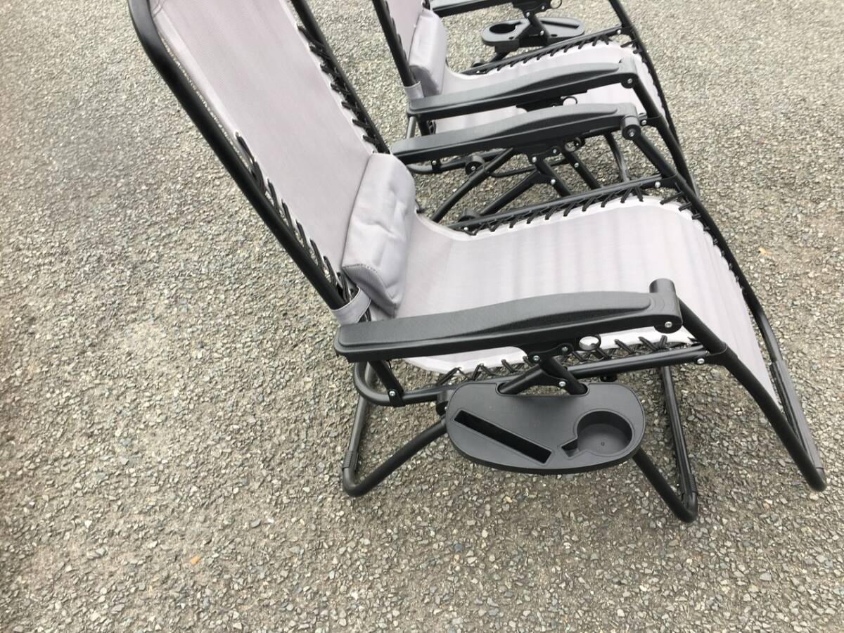 折りたたみチェア (グレー) テーブル付き ２脚セット リクライニング アウトドア キャンプ フィッシング 売り切り_3
