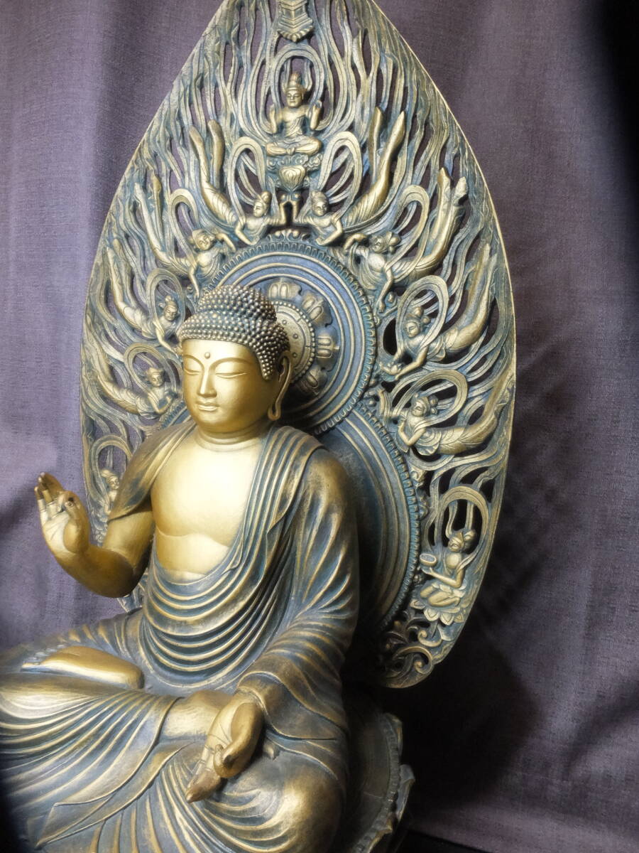 古銅 仏像 阿弥陀如来坐像 仏教美術 ブロンズ置物 金彩風 骨董 インテリア 定価110万円！大仏師！松久宗琳作！阿弥陀如来坐像！高さ62センチ