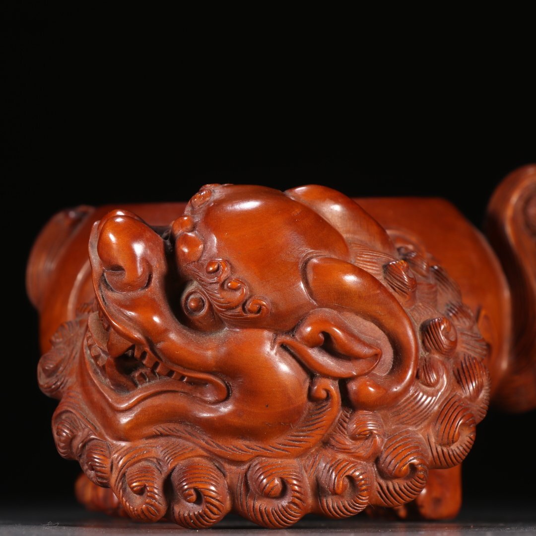 【安】清時代 黄楊木 貔貅型香薫炉 極細工 古置物 古擺件 中国古美術 時代物 古董品 230_3