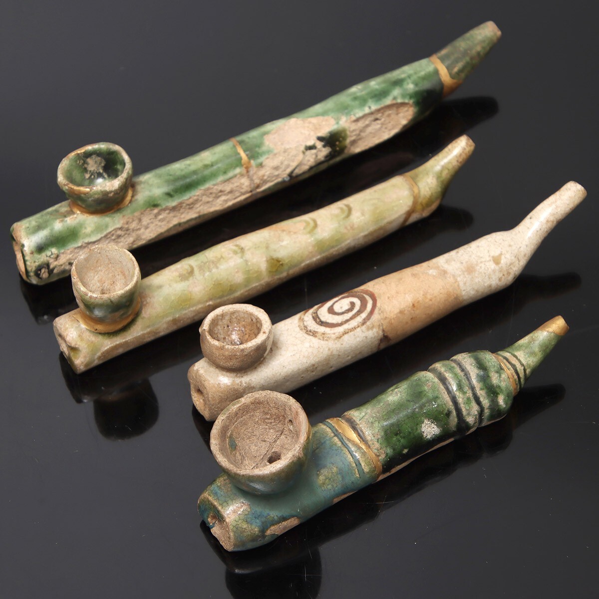 PN725. 織部焼 陶器煙管 渦文等金彩 織部キセル 各4点まとめて/ 陶器