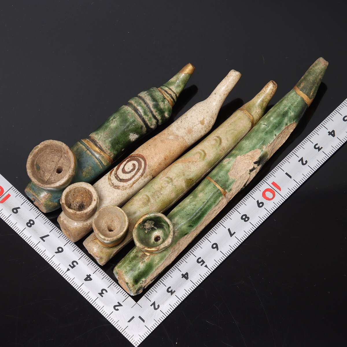 PN725. 織部焼 陶器煙管 渦文等金彩 織部キセル 各4点まとめて/ 陶器