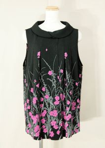 ☆美品☆詩仙堂/ちりめん織り花柄プリント襟付きゆったりベスト:黒系yx649
