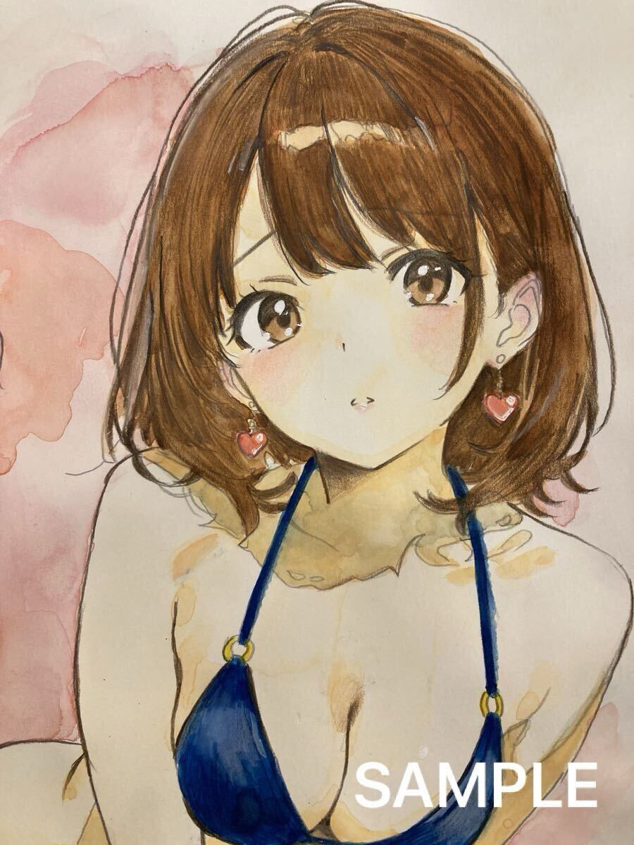 手描き イラスト 女の子 A4サイズ オリジナル 可愛い 色鉛筆 水彩