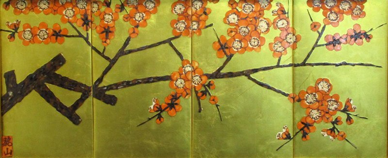G471 琥山窯 金箔押陶板四双 梅紋 陶板画 /有田焼 金襴手 金箔押し