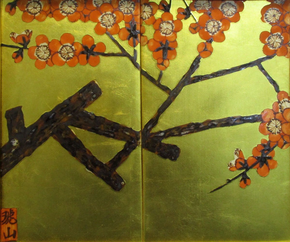 G471 琥山窯 金箔押陶板四双 梅紋 陶板画 /有田焼 金襴手 金箔押し